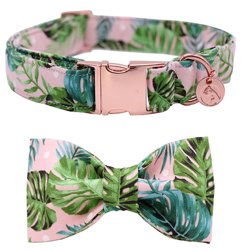 Green Leaf Dog Collar and Leash Set with Bow Tie Personal Custom Adjustable Pet Puppy 100% Cotton Dog Birthday Gift