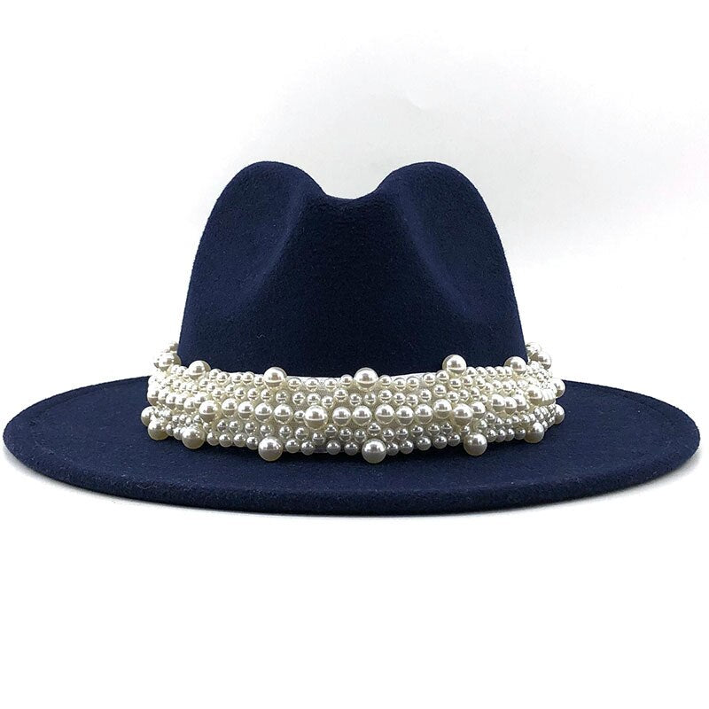 Sombreros de fieltro de lana Jazz para hombre y mujer, sombrero de fieltro con cinta de perlas de cuero, blanco, rosa, amarillo, sombrero de fiesta Formal Trilby de Panamá, 58-61CM