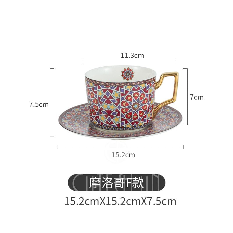 Juego de taza y platillo de café de lujo de estilo marroquí con mango dorado para café especial taza de té de cerámica capuchino 250ml