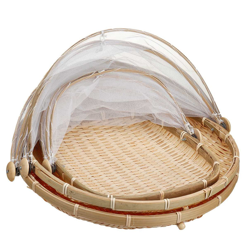 Hand-Woven Food Serving Tent Basket Tray Fruit Vegetable Bread Storage Basket Simple Rattan Outdoor Picnic Mesh Net Cover