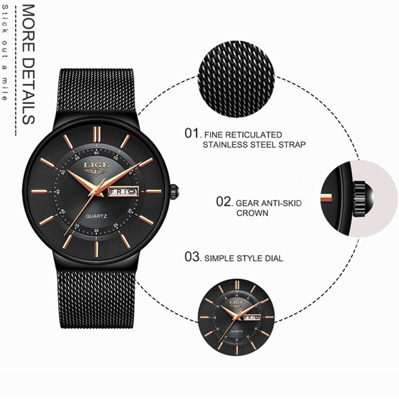 2022 nuevo Reloj de cuarzo negro LIGE, relojes de mujer, Reloj de lujo de marca superior para mujer, Reloj de pulsera sencillo de acero resistente al agua, Reloj