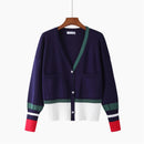 HLBCBG Hochwertige Modedesigner Strickjacke Langarm Einreiher Kontrastfarbe Knopf Strickpullover