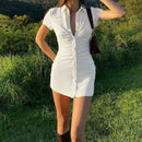 Mini Vestido ajustado de manga corta elegante para mujer, Vestido camisero fruncido con cuello vuelto de verano, vestidos de fiesta ajustados en verde y azul