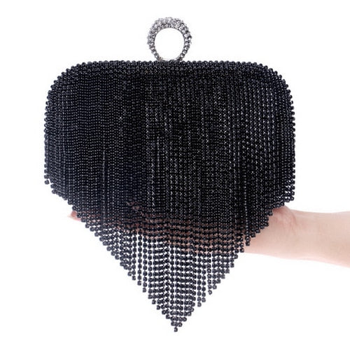 GLOIG Fashion women tassel evening bags diamonds beaded clutch wedding purse shoulder party laides case purse