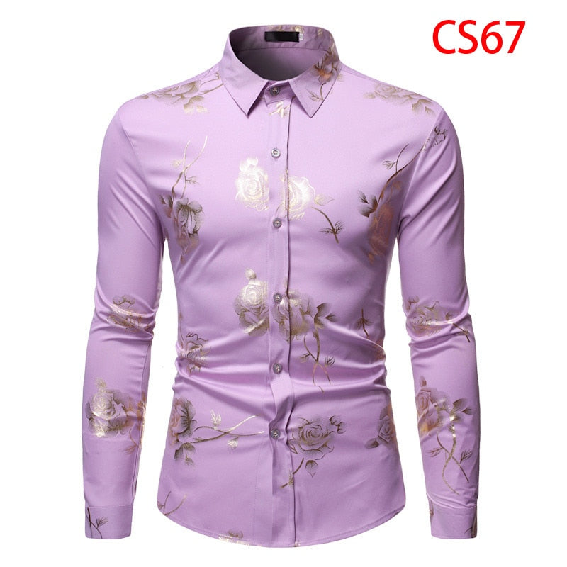 Herren Gold Rose Blumendruck Hemden Marke Floral Steampunk Chemise Weiß Langarm Hochzeit Party Bronzing Camisa Masculina