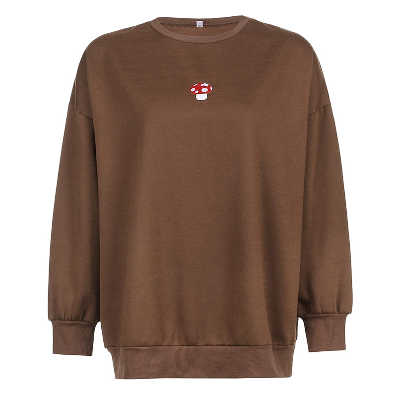 Vintage Pilz Stickerei braun Sweatshirts Frauen Streetwear Kawaii übergroße Shirts Herbst Harajuku 90er Top Cuteandpsycho