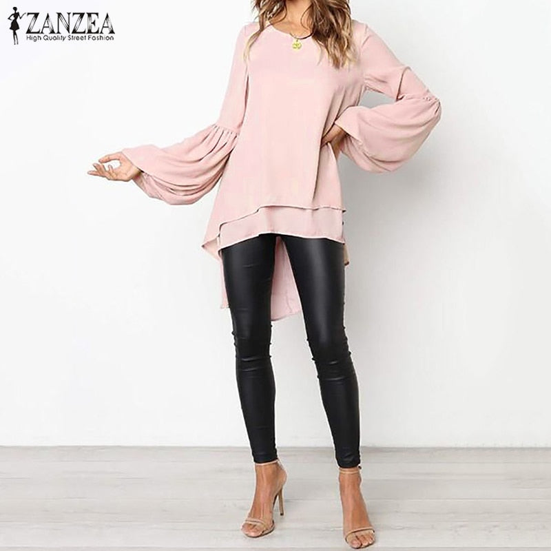 Mode Damen Asymmetrische Bluse 2022 ZANZEA Elegante Puffärmel Tops Layered Blusas Female Solid Blusas Tunika Tops