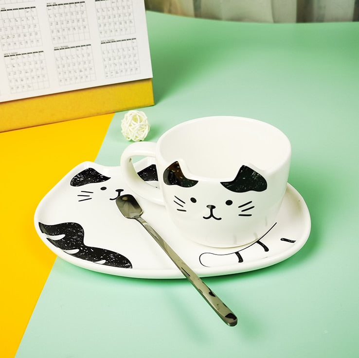 Juegos de tazas de café de cerámica con diseño de gato de dibujos animados, taza de té, plato de postre, conjunto creativo de taza de café y platillo, cuchara para regalar