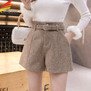Neue Herbst-Winter-hohe Taillen-Wollshorts mit weitem Bein, Khaki, Grau, Schwarz, Oberbekleidung, warme Shorts mit Gürtel, A-Linie, kurze Femme