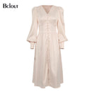 Bclout, elegante vestido camisero de satén con una sola botonadura, moda Beige, ajustado, cuello en V, vestidos largos para mujer, manga larga, bata de otoño e invierno
