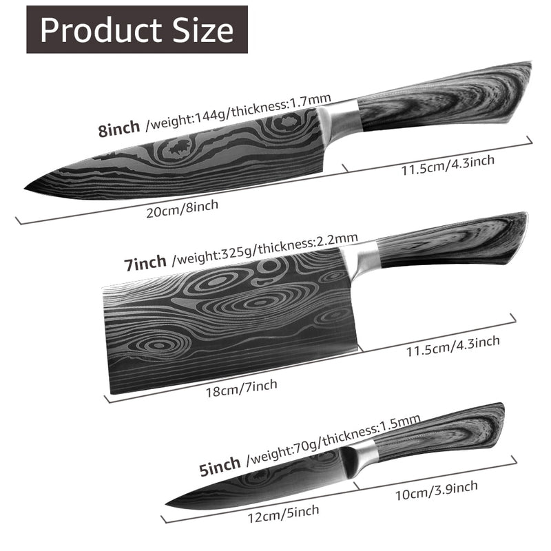 Kitchen Knife 5 7 8 inches stainless steel chef knives Meat Cleaver Santoku utility 440C lazer damacuse pattern Cooking Set