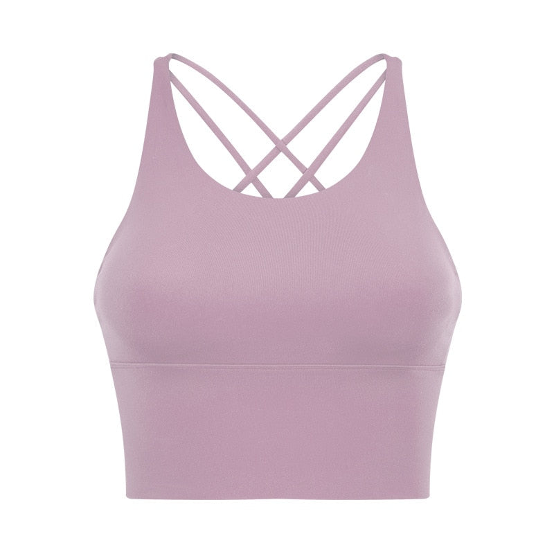 Solid Spaghetti Straps Cross Back Yoga Gym Crop Top Women Running Sport Bra Padded Activewear Exercise Fitness Cropped Tank Tops