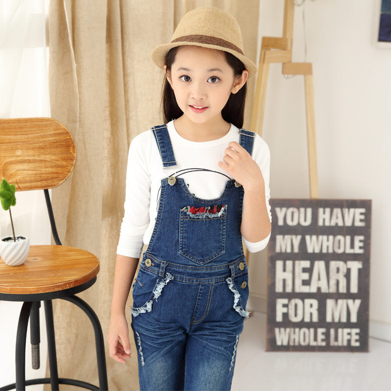 Kinder-Denim-Overall-Overall für Mädchen, Loch, zerrissene Jeanshosen, Kinder-Denim-Latzhose, Teenager-Jeans-Hosenträgerhose