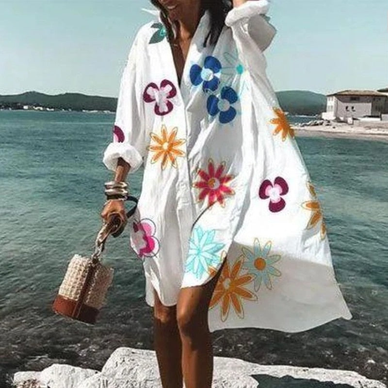 Vestidos de verano 2021 para mujer, vestido informal con estampado de cuello vuelto, camisa de manga larga, vestido holgado de gran tamaño para fiesta en la playa, bata, blusa