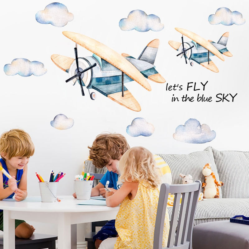 Fly in the sky Wall Stickers for Kids room Bedroom Eco-friendly Vinyl Wall Decals Cartoon Airplane Wall Murals Home Decoration