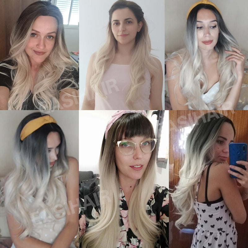 EASIHAIR largo rubio claro Ombre pelucas de estilo ondulado Natural pelucas sintéticas resistentes al calor pelucas de Cosplay de pelo de parte media para mujeres