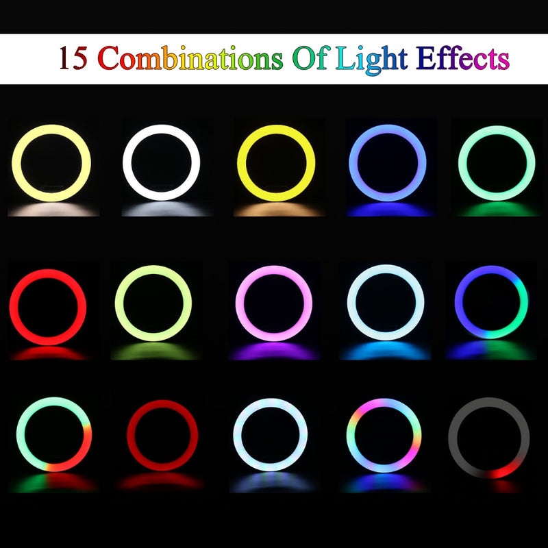 Anillo de luz RGB02 de 10 pulgadas, 26cm, 33cm, 20cm, luz LED arcoíris con soporte para trípode, juego RGB regulable de 1,6 M para vídeo corto, YouTube en vivo