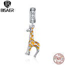 BISAER Tier Giraffe Dangle Charm 925 Sterling Silber Emaille CZ Perlen Anhänger DIY Original Armbänder Halskette Schmuck EFC258