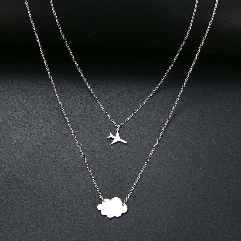 Nuevo collar de nube de lentejuelas simples, colgante de corazón de estrellas de avión, collares de cadena multicapa para mujer, regalo, joyería de acero inoxidable