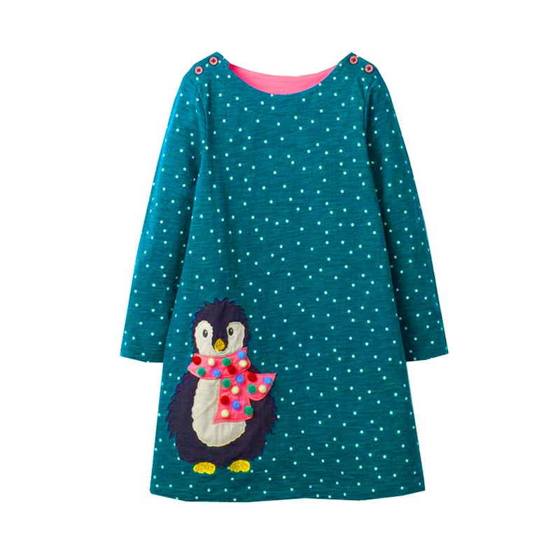 VIKITA Girls Cotton Dress Kids Cartoon Appliqued Vestidos Children Casual Wear Clothes Girls Long Sleeve Patchwork Dresses