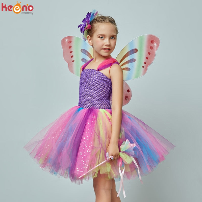 Vestido tutú elegante de hadas y mariposas para niñas, disfraz de alas para niños, fiesta de cumpleaños de princesa, Cosplay de Halloween, vestido de tul de primavera para niños