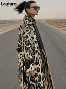 Lautaro invierno largo estampado de leopardo cálido mullido piel sintética gabardina para mujer manga larga doble botonadura moda europea 2021