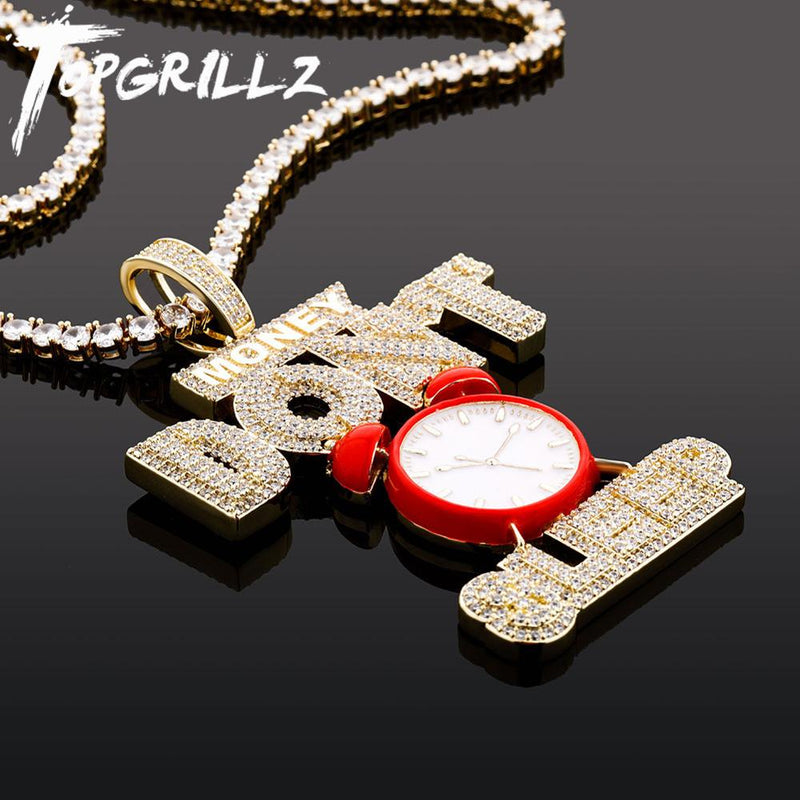 TOPGRILLZ Alarm Clock Pendant Necklace With Letter "MONEY"'DON'T SLEEP'' Full Iced Out Cubic Zirconia Luxury Fashion Jewelry