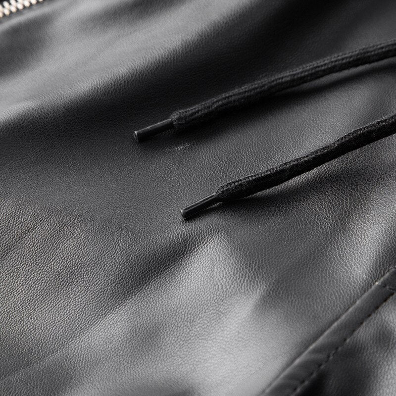 Thoshine Marke Herren Lederhose Hochwertige elastische Taille Joggerhose Reißverschlusstaschen Kunstlederhose Bleistifthose