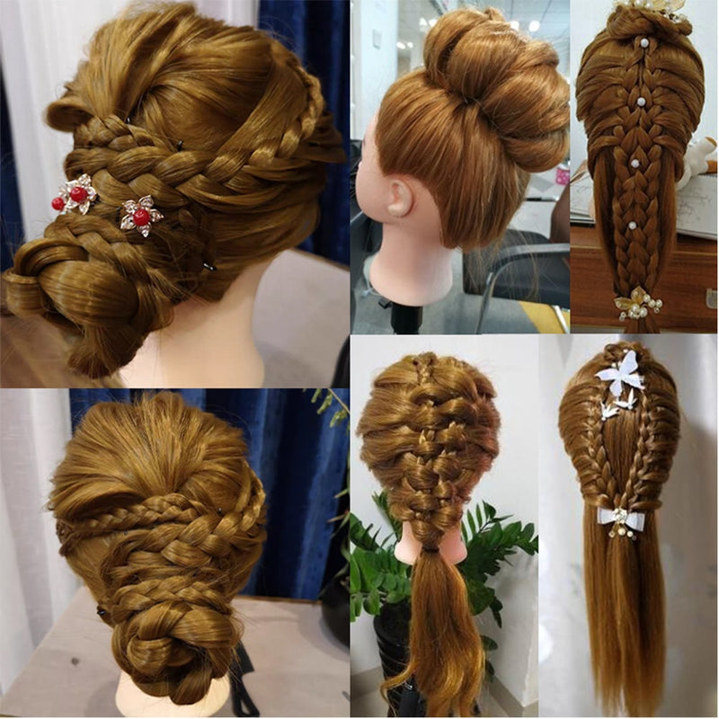 Cabeza de maniquí con 100% pelo de fibra de alta temperatura 65cm cabeza de peluca de entrenamiento de peluquería de novia con soporte cabeza de muñeca de cosmetología