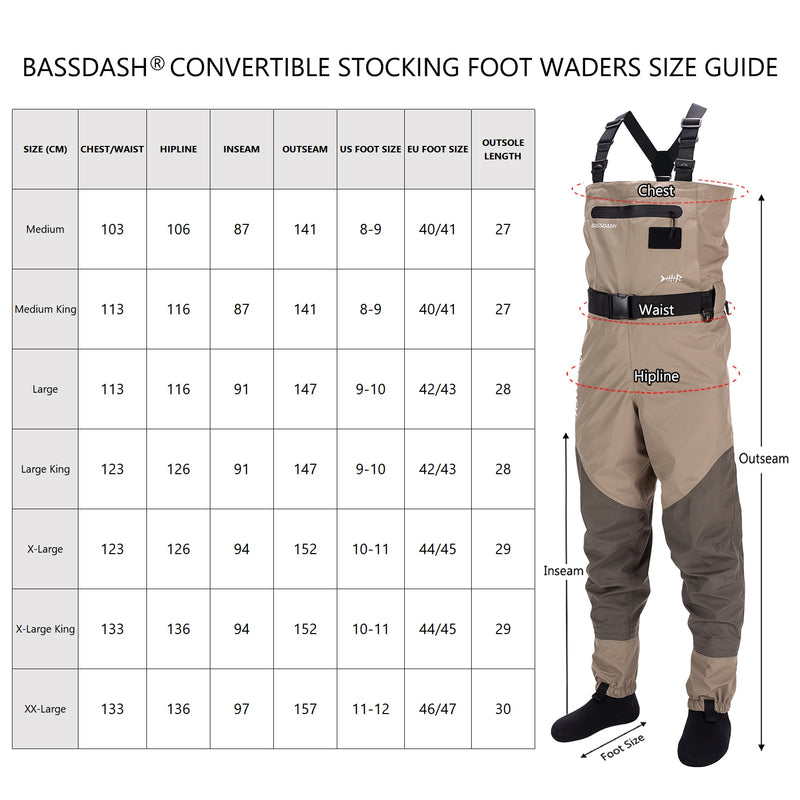 Bassdash - Vadeadores convertibles ligeros y transpirables para el pecho y la cintura para pesca, caza, calcetines y botas