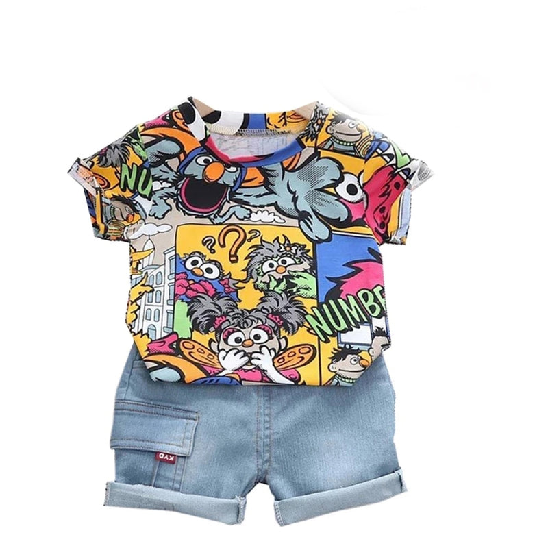 Cool Kid Jungen Sommerkleidung Outfit mit Sonnenhut Mode Graffiti Kurzarm T-Shirt Denim Shorts Set Kinder Hosen Kleidung