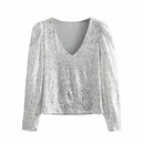 Elegante Frauen Pailletten Tops 2021 Frühlingsmode Damen Vintage Silber Top Party Weibliche Sexy V-Ausschnitt Tops Femme Mädchen Chic Kleidung