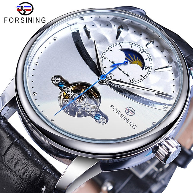 Reloj automático de fase lunar Forsining, reloj de pulsera mecánico resistente al agua dorado para hombres reales, reloj Tourbillon informal de cuero genuino