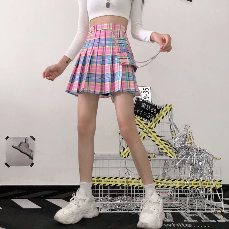 Harajuku Cute Skirts Women Kawaii Plaid Elastic High Waist A-line Pleated Mini Skirts Rainbow Korean Japanese School Uniform