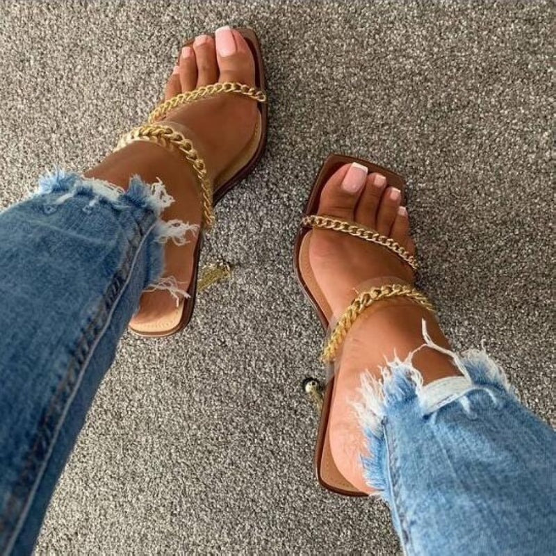Summer Women Sandals Square Toe Ladies Heel Mules Clear PVC Transparent High Heels Slippers Female Fashion Chain Shoes Woman