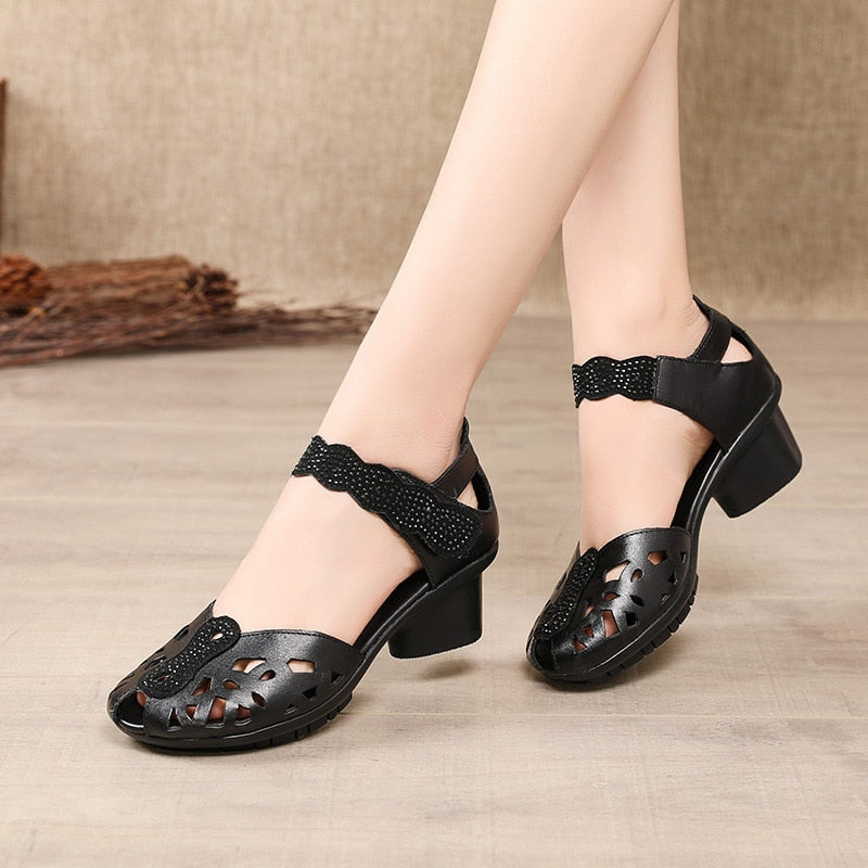 GKTINOO 2022 Summer Genuine Leather Shoes Gladiator Sandals Women 5cm High Heels Classic Black Peep Toe Hollow Ladies Sandals