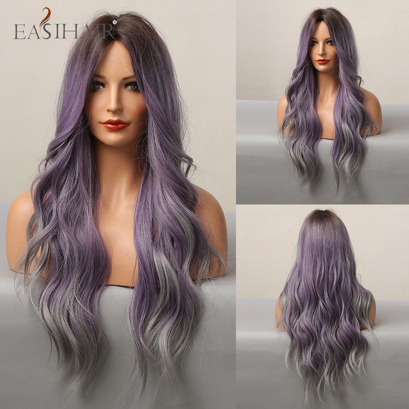 EASIHAIR Long Wavy Brown Synthetic Wigs With Blonde Highlights Cosplay Natural Hair Wigs High Temperature Fiber For Black Women