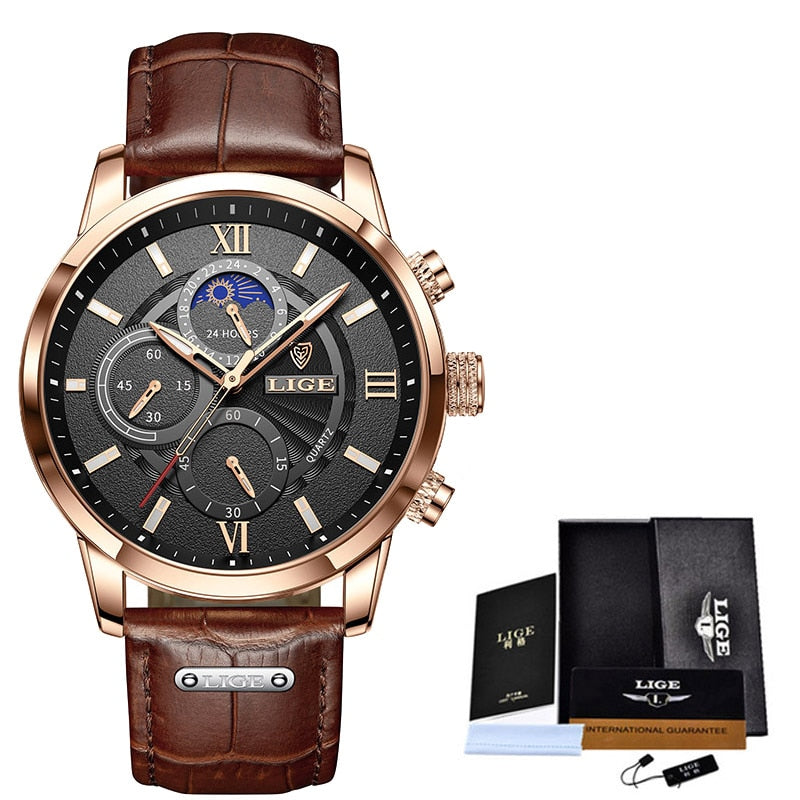 2022 LIGE Uhren Herren Top-Marke Luxus Uhr Casual Leder 24 Stunden Mondphase Herrenuhr Sport Wasserdicht Quarz Chronograph + Box