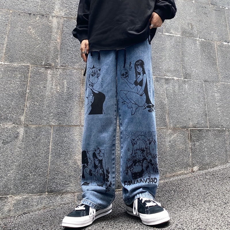 Vintage gewaschene Jeans Frauen Streetwear Jeans Harajuku Cartoon Anime Print Jeans Mode Mädchen Jeans lose Hose mit weitem Bein Baumwolle