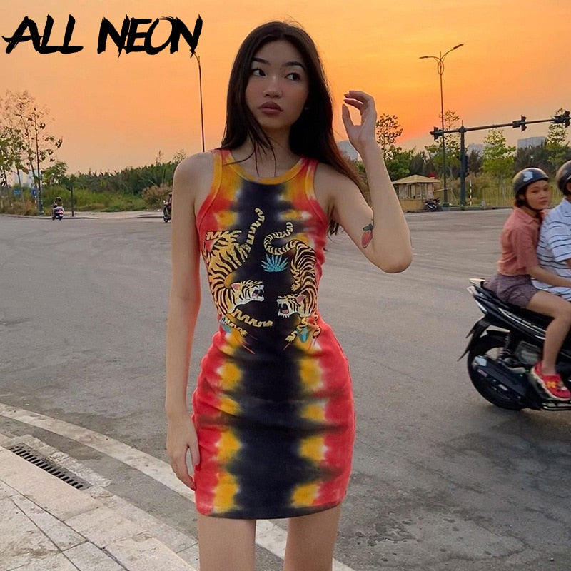 ALLNeon Punk Tie Dye Sleeveless Graphic Mini Dresses Ribbed O-neck Tiger Printing Bodycon Party Dress E-girl Rave Summer Dresses