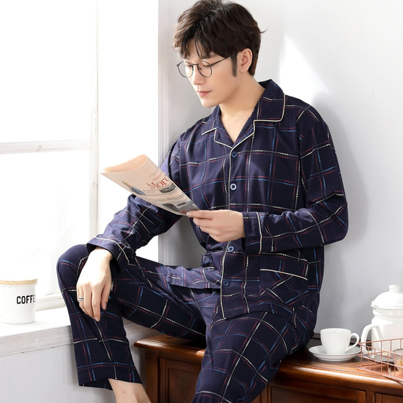 Winter 100% Cotton Pajamas Men Blue Sleepwear  Warm Pyjama Homme Cotton Pijamas Hombre Invierno Cotton Plaid Pyjamas Plus Size