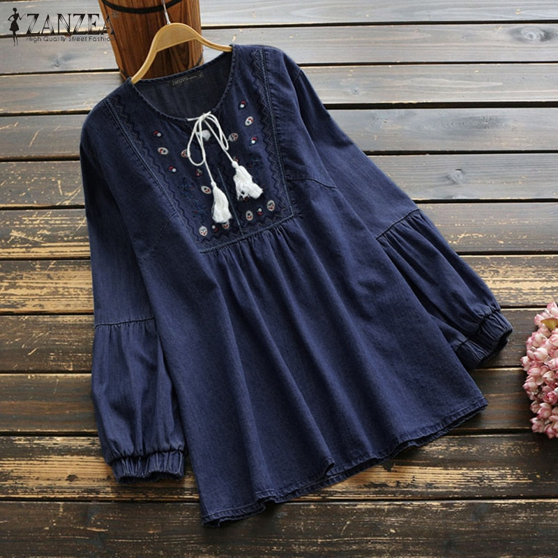 Elegant Denim Blue Shirts Womens Embroidery Blouse 2022 ZANZEA Tassel Puff Sleeve Blusas Female Casual Floral Tops