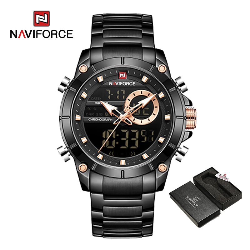 NAVIFORCE Luxus Original Herren Sport Armbanduhr Gold Quarz Stahl Wasserdicht Dual Display Uhr Uhren Relogio Masculino 9163