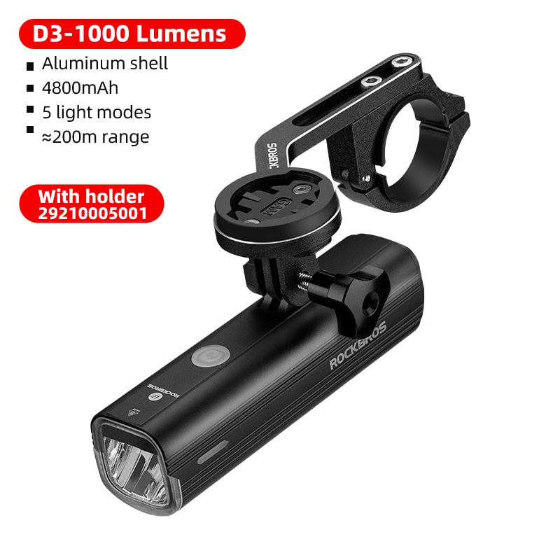 ROCKBROS 400-1000LM Fahrradlicht Fahrradscheinwerfer mit Halterung IPX3 USB wiederaufladbare Fahrradtaschenlampe Combo Out Front Holder