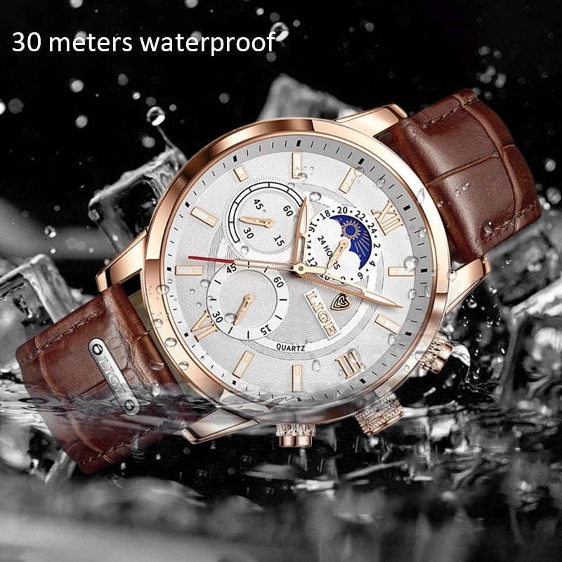 2022 LIGE Watches Mens Top Brand Luxury Clock Casual Leathe 24Hour Moon Phase Men Watch Sport Waterproof Quartz Chronograph+Box