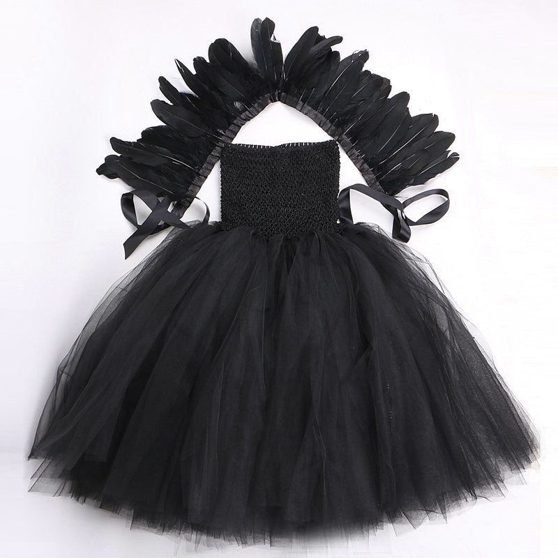 Schwarze Feder-Halloween-Kostüme für Mädchen, Kinder, böse Königin, langes Tutu-Kleid mit Hörnern, Flügeln, Bösewicht, Hexe, Cosplay-Outfit-Set