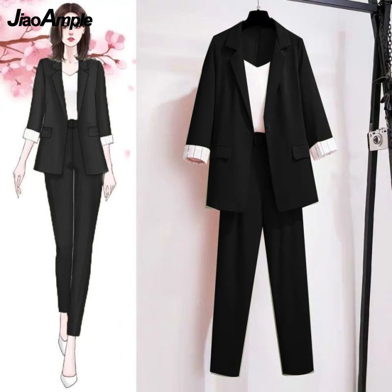 2021 Autumn New Suit Jacket Suspender Pants Three-piece Women&