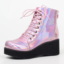 JIALUOWEI New Style Unisex Schuhe Punk Keilabsatz 7cm Pink Holographic Leder Halloween Kostüme Gothic Stiefeletten
