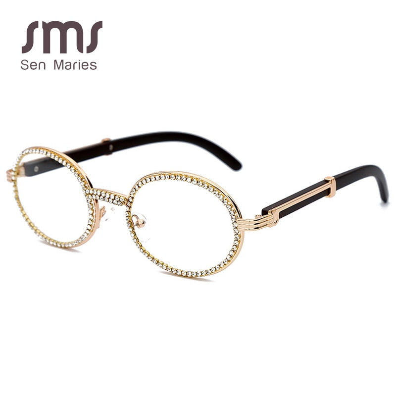 Gafas de sol pequeñas y redondas con diamantes a la moda para hombre, nuevas lentes transparentes de lujo para mujer, gafas ovaladas de cristal y madera con diamantes de imitación