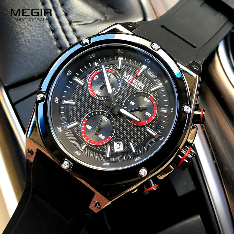 Megir Männer Schwarz Silikon Sport Quarz Armbanduhren Leuchtende Uhren Uhren Wasserdichte Chronograph Uhr Montres Q2073G-BK-1